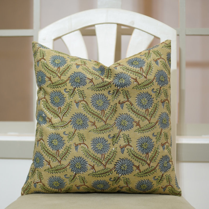 Housse de coussin en mélange de lin Fab divine Elegant, jeté, imprimé bloc (Swarna, bleu), Forme rectangulaire