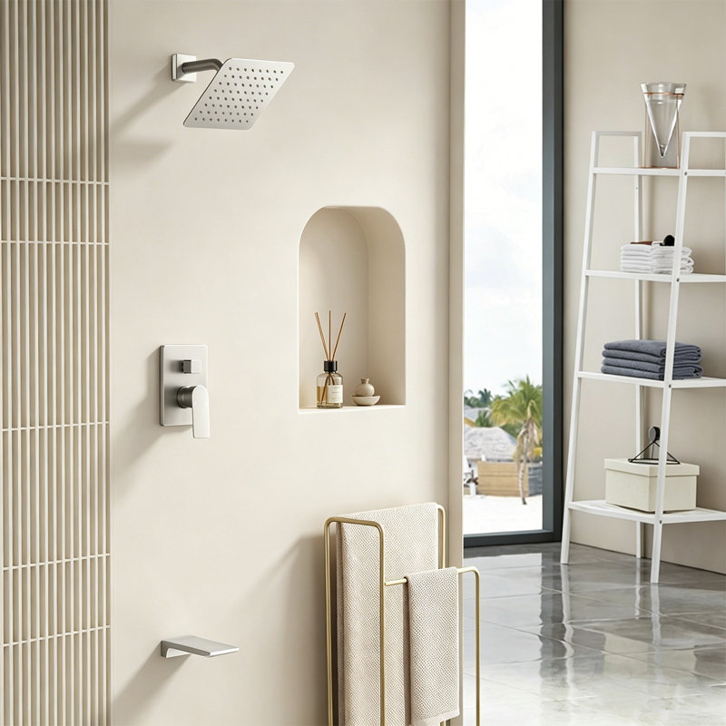 Shower System With Pressure Balance Valve, 8-Inch Rainfall Shower Head & Waterfall Tub Spout, Brushed Nickel