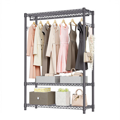 Heavy Duty Garment Rack, Freestanding Clothing Rack For Hanging Clothes With 1 Rod, 3 Tiers & Side Hooks, Adjustable Metal Wardrobe Closet Organizer, 45.3" W X 15.7" D X 72.4" H, Dark Grey