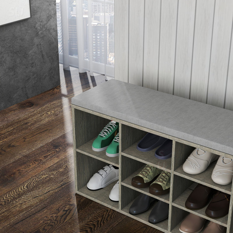 Banc de rangement pour chaussures, banc d'entrée avec coussin rembourré, étagère à chaussures à 3 niveaux avec tiroir et compartiments ouverts, gris