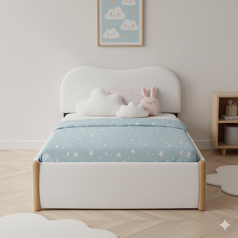 White Full-Size Upholstered Platform Bed With Wooden Support Feet And Twin-Size Trundle