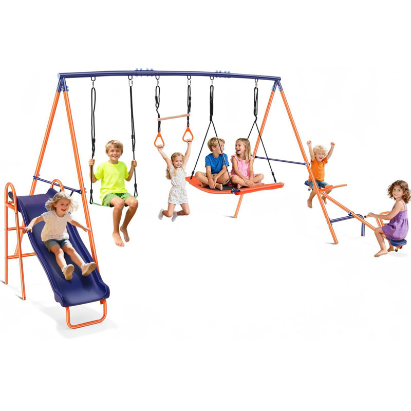 5-in-1 Heavy-Duty Metal Swing Set, 700 lb Capacity, 5 ft Wave Slide, 3 Adjustable Swings and Teeter-Totter, Backyard Outdoor Playset for Ages 3–12, 161.6" L x 90.5" W x 75" H