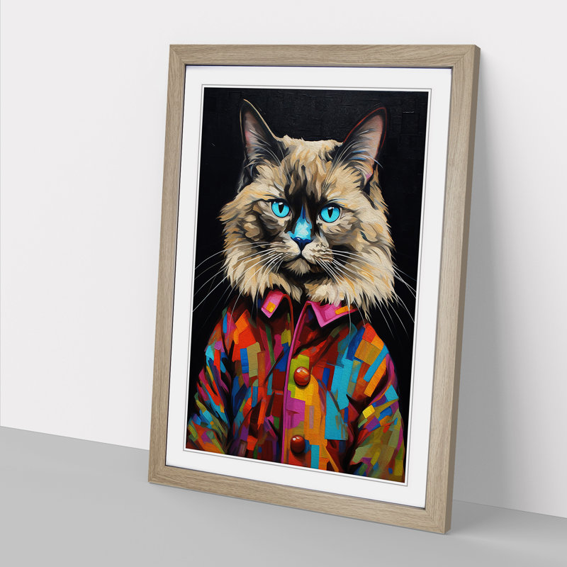 Ragdoll Cat Modern No.2 - Single Picture Frame Print on Wood, 46cm H x 34cm W x 2cm D, Oak 
