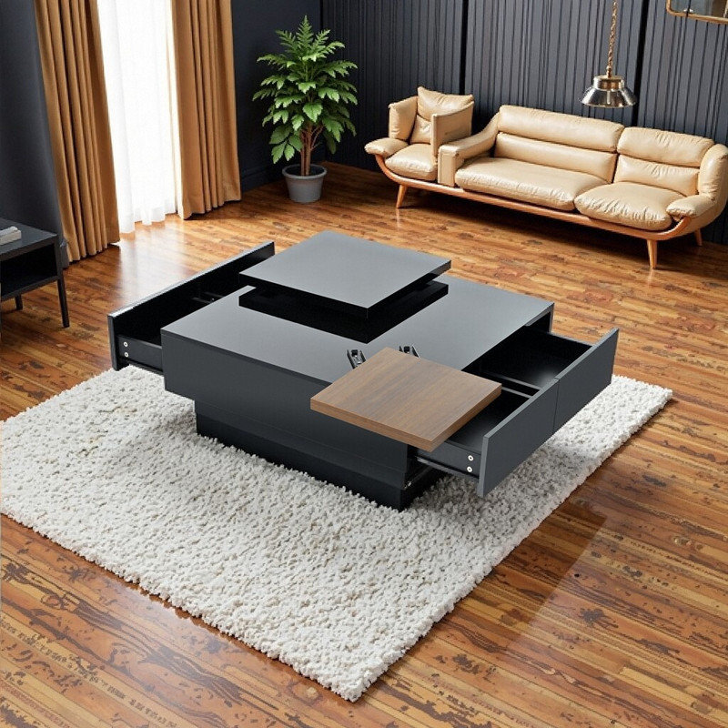 Table basse extensible carrée avec plateau mobile et 4 tiroirs cachés avec rangement en bois aggloméré de 31,5 à 40,9 po
