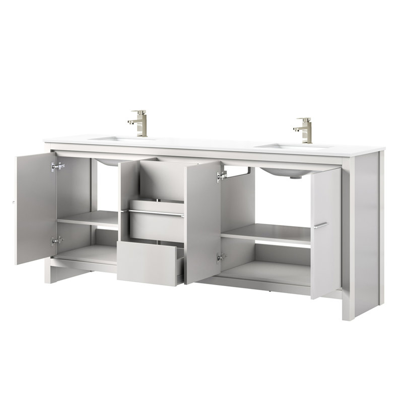 Meuble-lavabo blanc l 80 po x P 20 po avec comptoir en quartz et robinet en nickel brossé 20 armoires intérieures spacieuses