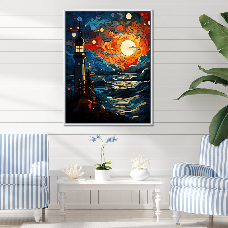 «Coastal Stormy Sunset Lighthouse Breeze III», art mural phares, Cadre simple blanc, H 40 po x l 30 po x P 1,5 po
