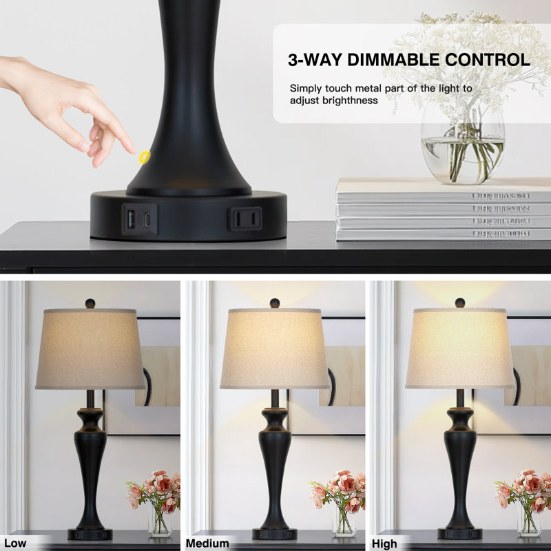 30” Tall Touch Control Table Lamp Set with USB & Type-c Ports, Bulb Included, Black