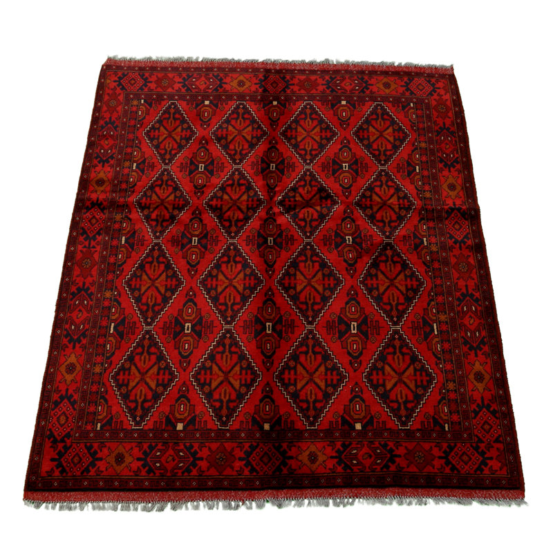 Tapis décoratif en laine rouge foncé de conception unique noué à la main New Age de 4 pi 11 po x 6 pi 3 po Derryn-Lee