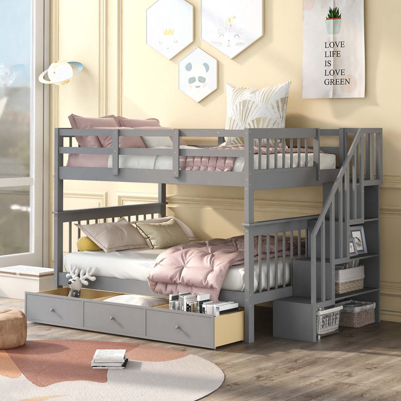 Aseante Kids Full Over Full Bunk Bed with Drawers, Gray