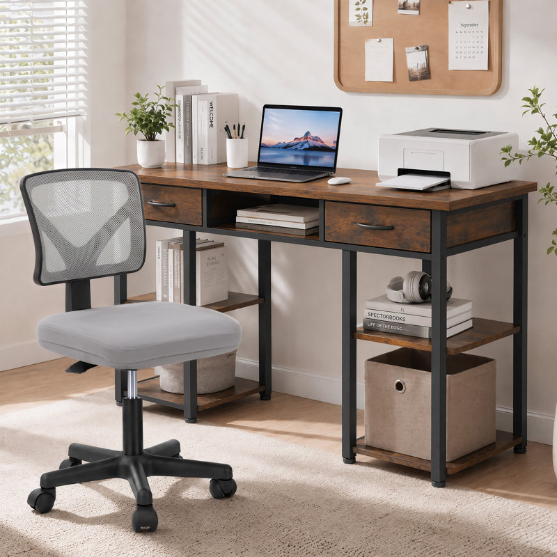 Ensemble de bureau et de chaise: bureau d'ordinateur de 48 pouces et chaise en filet noir à hauteur réglable, Brown