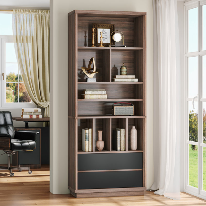 Bibliothèque de 78,7 po avec 2 tiroirs et 9 cubes de rangement ouverts, bibliothèques modernes en bois pour le bureau personnel, le salon et le bureau
