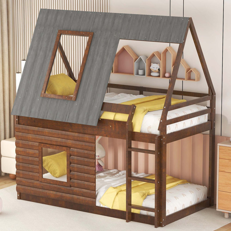 Lit superposé en bois avec toit, échelle et 2 fenêtres Wood House