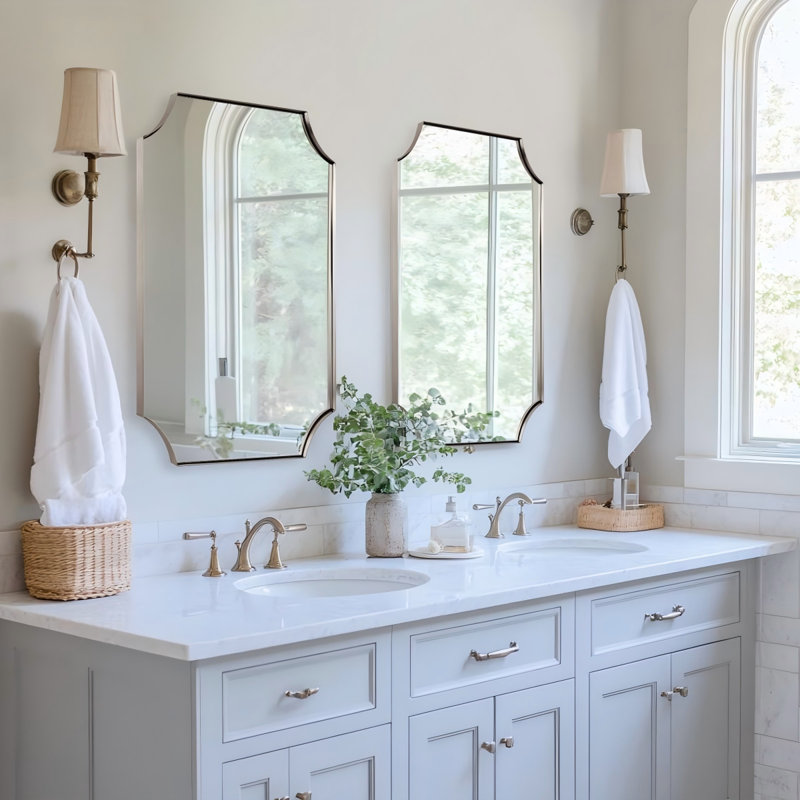 Tariro Contemporary Notched Corner Scalloped Rectangle Bathroom Vanity Mirror | Stainless Steel Frame, 30" x 22"