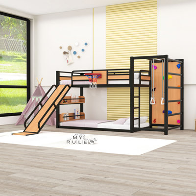 Multi-Functional Sports Loft Bed with Shelves, Climbing Wall, Pull-Up Rings and Basketball Hoop