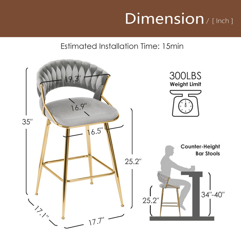 Tabouret de comptoir moderne en velours de 25,2 po avec accents dorés, conception ergonomique et siège moelleux pour îlot de cuisine et bar