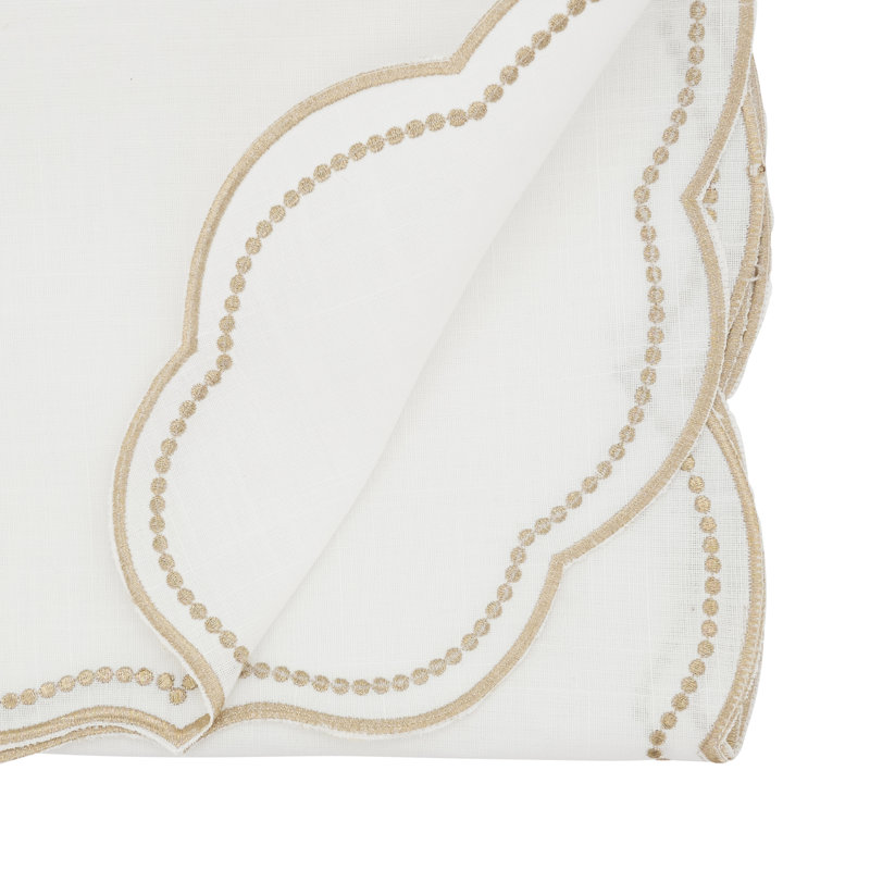 Embroidered Polka Dot Table Runner w/ Scallop Edge, White/Gold