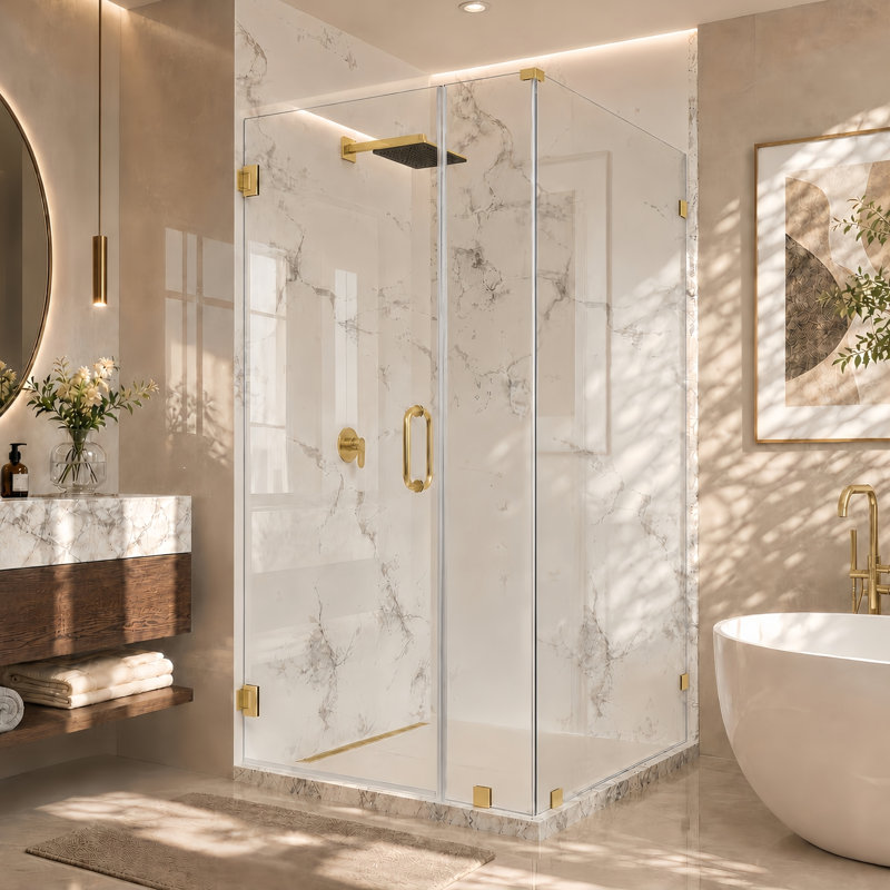 Cabine de douche d'angle à charnières murales sans cadre Nirvana, 89 cm L x 89 cm P x 203 cm H, verre clair facile à nettoyer de 10 mm d'épaisseur, finition or brossé