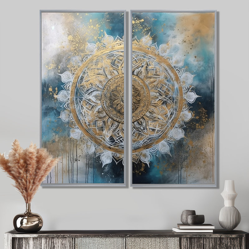 Bleu sarcelle et mandala doré III - motifs géométriques boho mandala sur toile, 2 panneaux, 32" H x 32" W, Silver
