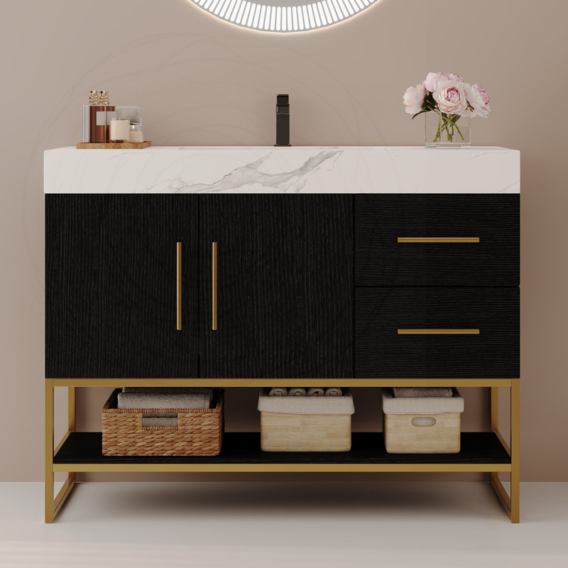 Meuble-lavabo autoportant moderne 36 po avec détails, Noir, Blanc