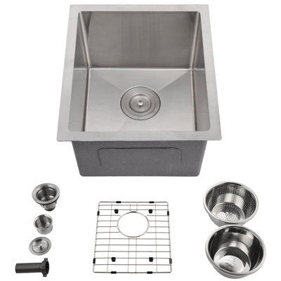 Évier de cuisine à simple cuve encastrable 15 pouces, cuve en acier inoxydable brossé de calibre 16 avec tampons insonorisés, support de séchage et accessoires complets pour les cuisines modernes