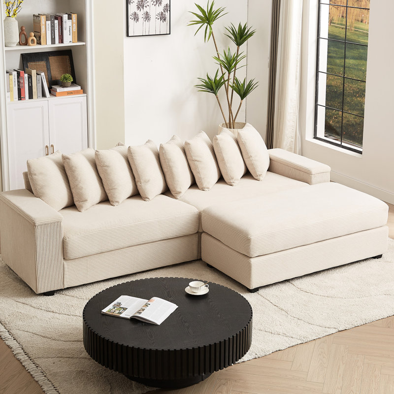 Élégant canapé modulaire en forme de L avec méridienne, revêtement en velours côtelé, 8 coussins et accoudoirs pour le confort de la chambre à coucher