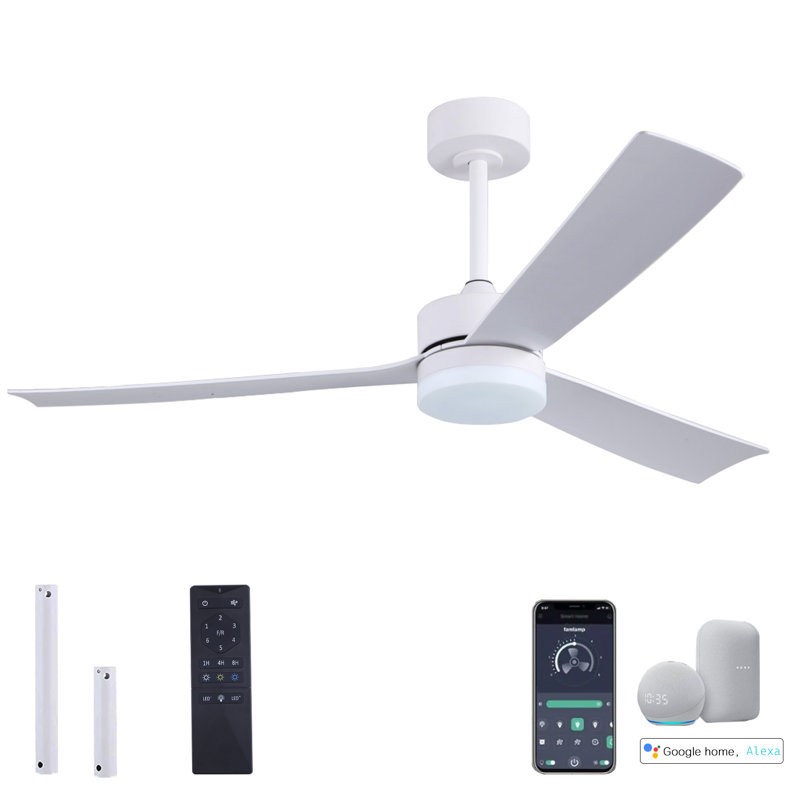 52" 3 - Blade Modern Ceiling Fan With Led Lights Remote App And Voice Control, White