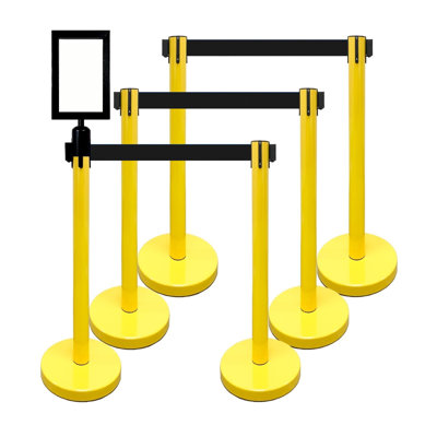 36" Retractable Belt Queue Safety Stanchion Barrier (6 Posts w/78" Blk Belt+SF+W Receiver)