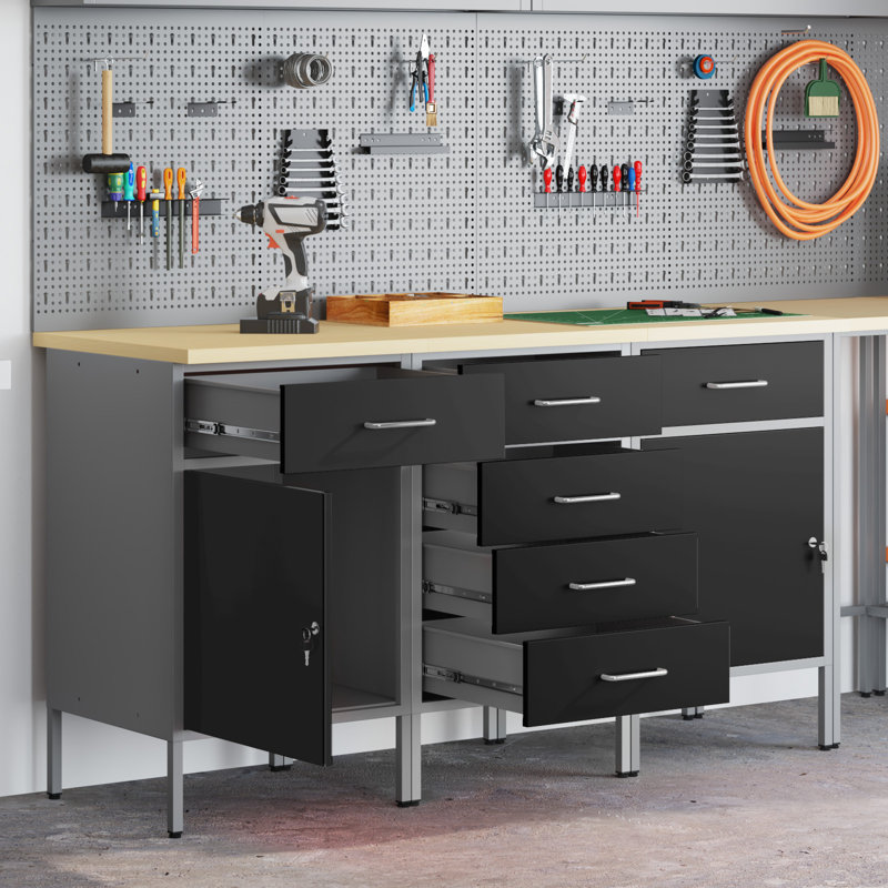 Set Of 3 Steel Medium Height-Adjustable Work Cabinet, Black