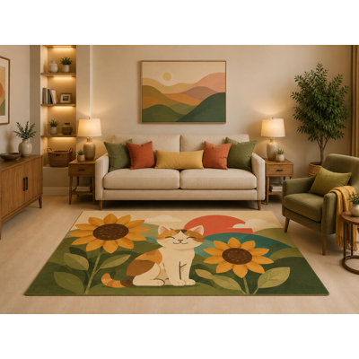 "Ultra Lightweight" 5'x7' Scandinavian Sunflower Cat Area Rug Cute Kitten Floral Meadow Nature Farmhouse Design for Living Room Bedroom Nursery Kids Room Non-Slip Silicone Backing Low Pile