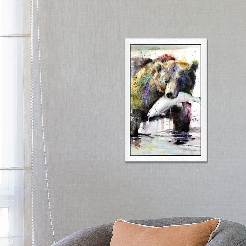 Brown Bear And Salmon by Dean Crouser - Giclee Art Print on Canvas, 101.6 cm H x 66.04 cm W, White Floater Framed
