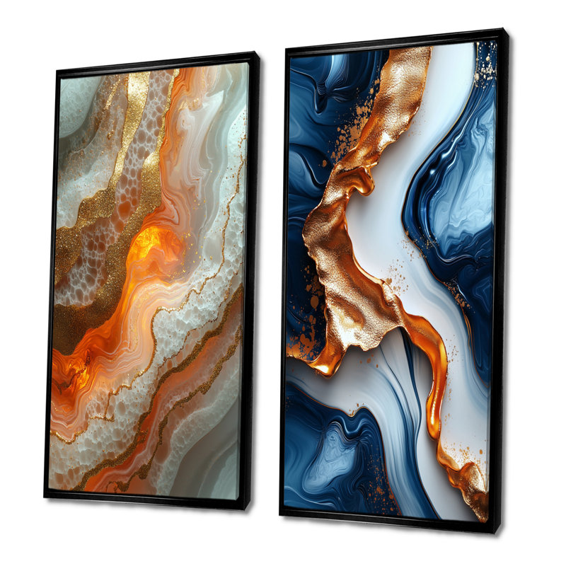 Géode abstraite dorée et bleue forme de marbre III I - ensemble d'art mural en marbre 2 pièces, H 40 po x l 40 po