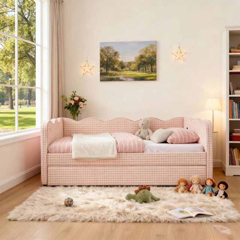 Daybed With Trundle, Sofa Bed, No Box Spring Needed, USB Port, Adorable Wave Shaped, Linen Fabric, Pink, Twin