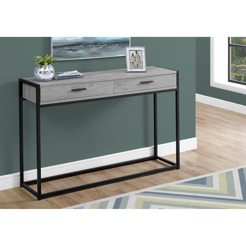 Console décorative, stratifié gris et métal noir, 2 tiroirs pour le salon de petits espaces modernes