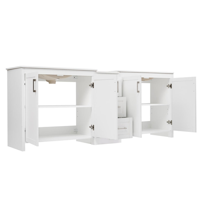 Meuble-lavabo double 84 po avec 2 lavabos en céramique et comptoir en quartz, 3 tiroirs et 2 armoires avec tablettes réglables