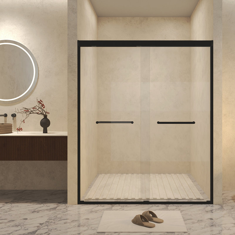 44-48" W × 72" H Tempered Glass With Explosion Proof Film, Aluminum Frame Double Sliding Shower Door, "1/4 (6 Mm), Stainless Steel Handle, Matte Black