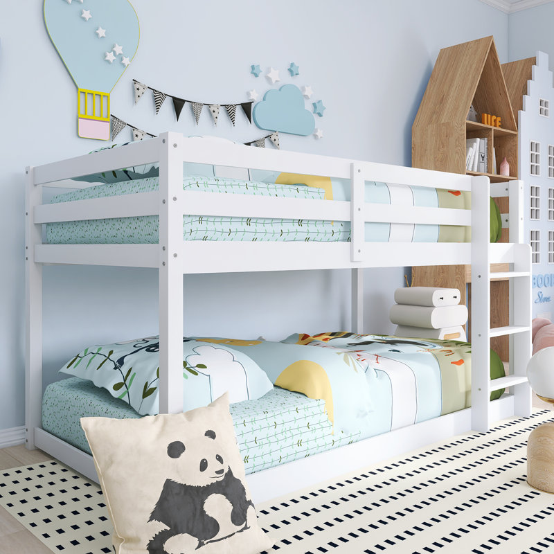 Wood Frame Twin Over Twin Size Bunk Bed With Ladder,Strengthened Slats, White