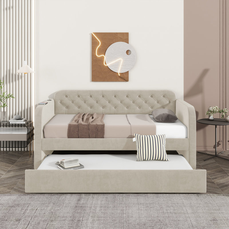 Lit de jour rembourré avec lit gigogne et chargement USB, idéal pour la vie moderne et l'hôtellerie