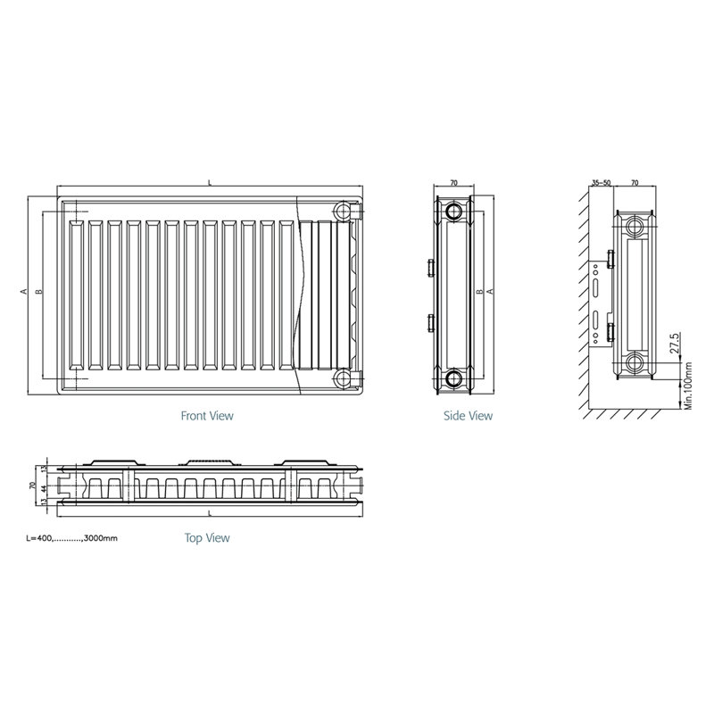 Clifton Horizontal Standard Radiator, 15.7cm H x 27.6cm W x 4.1cm D