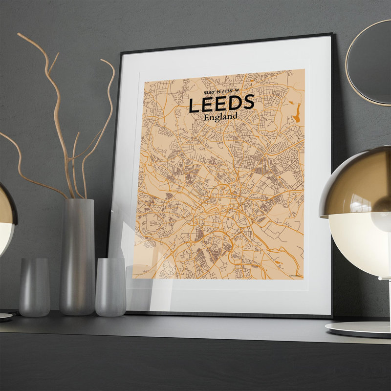 Carte de la ville de Leeds, impression, Orange / or pâle, H 20 po x l 16 po