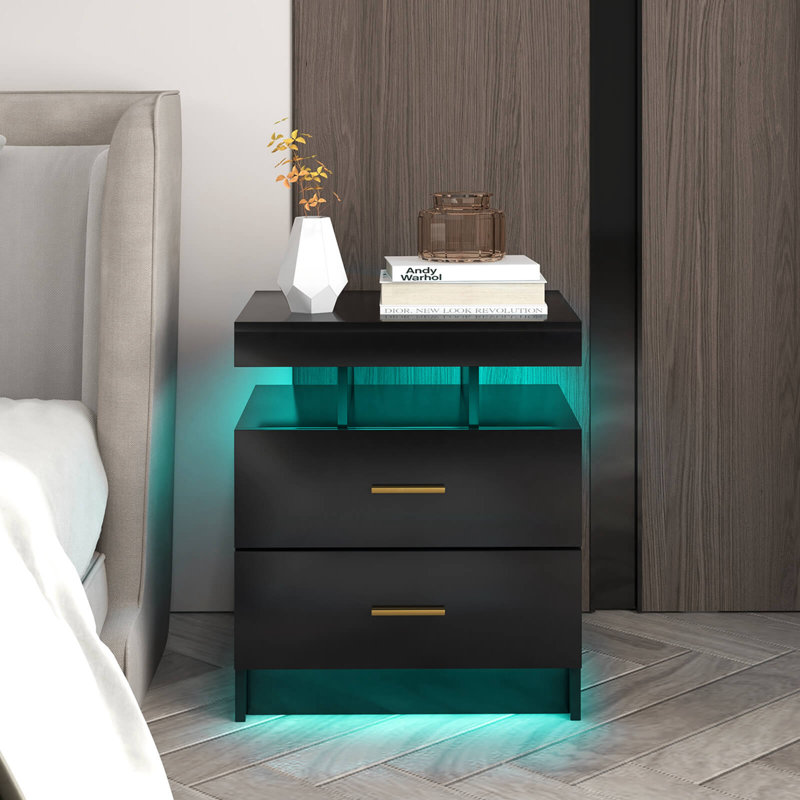 Ivy Bronx Led Nightstand Set Of 2 With 2 Storage Drawers Adjustable Light Mode Remote Control