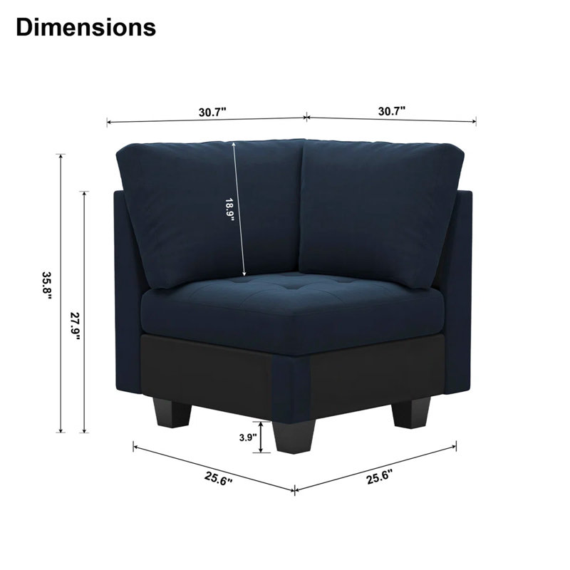 Shavera Velvet Armless Chair, Corner Seat Module For Modular Sectional Corner Sofa, Blue Velvet