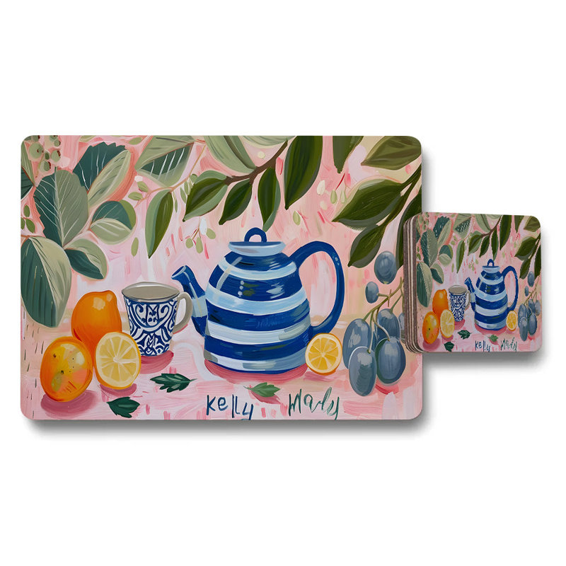 Placemat And Coaster Set With Blue Striped Teapot Artwork Fruit And Leaves Pink