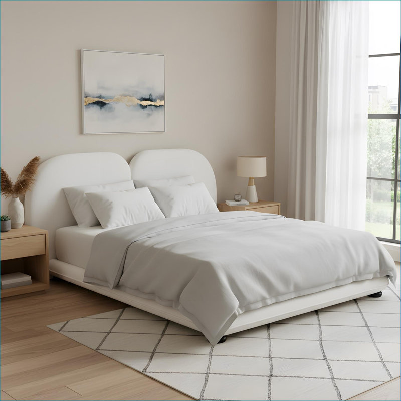 Lit plateforme tapissier, lit en molleton blanc doux, bois massif, capacité de poids de 800 lb, très grand cadre pour la chambre principale