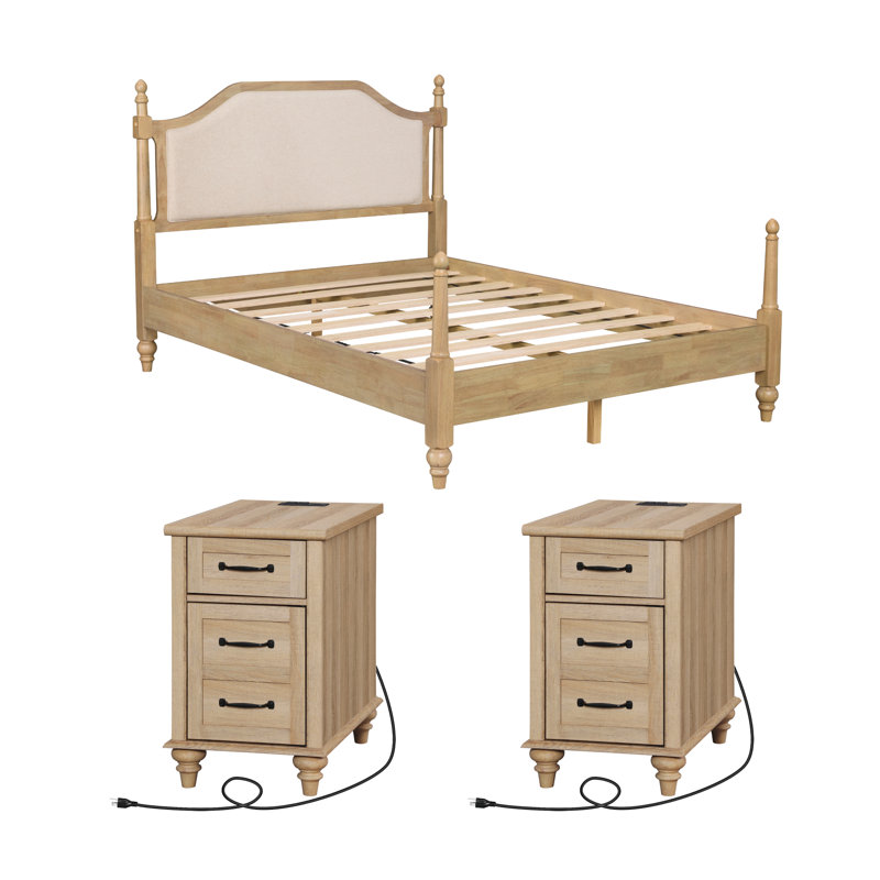 Ensemble de chambre à coucher 3 pièces, base de lit plateforme avec tête de lit Scarlett et ensemble de 2 tables de chevet avec station de charge, chêne