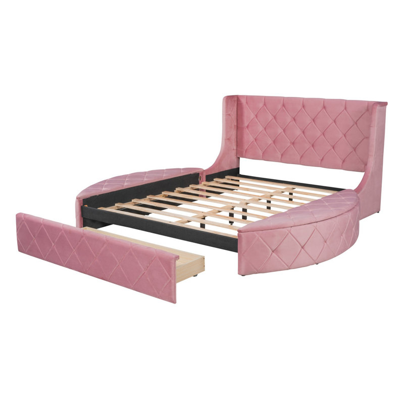 Lit plateforme tapissier moderne avec 1 grand tiroir, 2 tabourets de rangement latéraux, cadre de lit moderne pour chambre d'amis