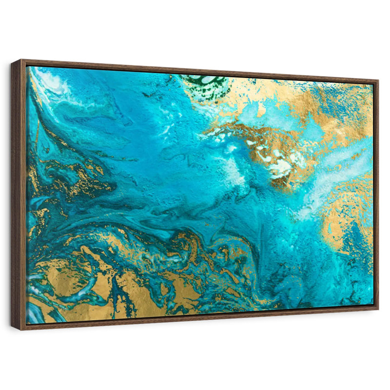 Texture bleue et dorée Phung, 37 po x 25 po, Cadre flottant noyer