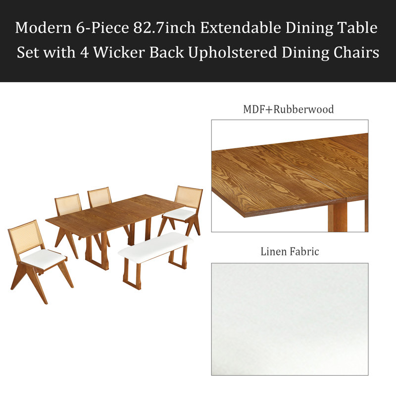 Ensemble de table de salle à manger extensible 6 pièces Modern, Jaune, Noyer, Noyer