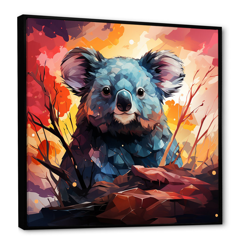 Koala Fiery Sunset I - Koala Animal, art mural, Cadre flottant noir, H 36 po x l 36 po x P 1,5 po