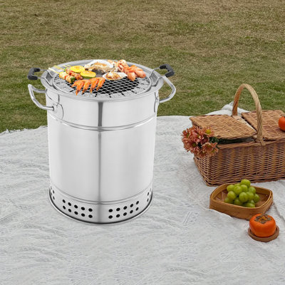 Portable Charcoal Grill 201 Stainless Steel Round BBQ Smoker With 20 Skewers And Net For Outdoor, Camping, And Backyard Cooking