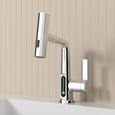 Robinet de lavabo de salle de bain à affichage numérique à DEL avec douchette extractible et robinets de lavabo pour salle de bain à poignée simple